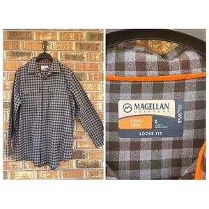 Magellan Outdoors Hunt Gear MagWick Plaid Shirt Mens Large Loose Fit Grey Brown